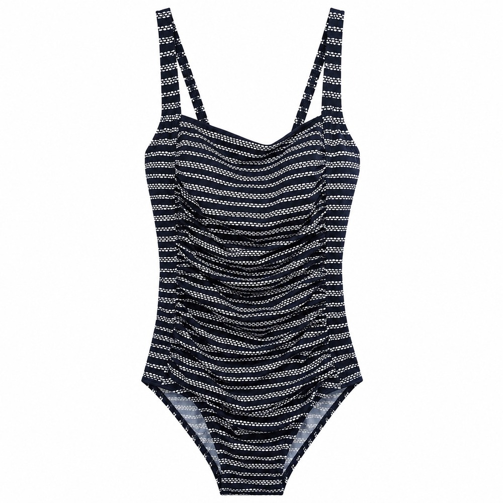 LL Bean Womens Black White Dotted Stripe Ruched One Piece Swimsuit Size 6 Reg